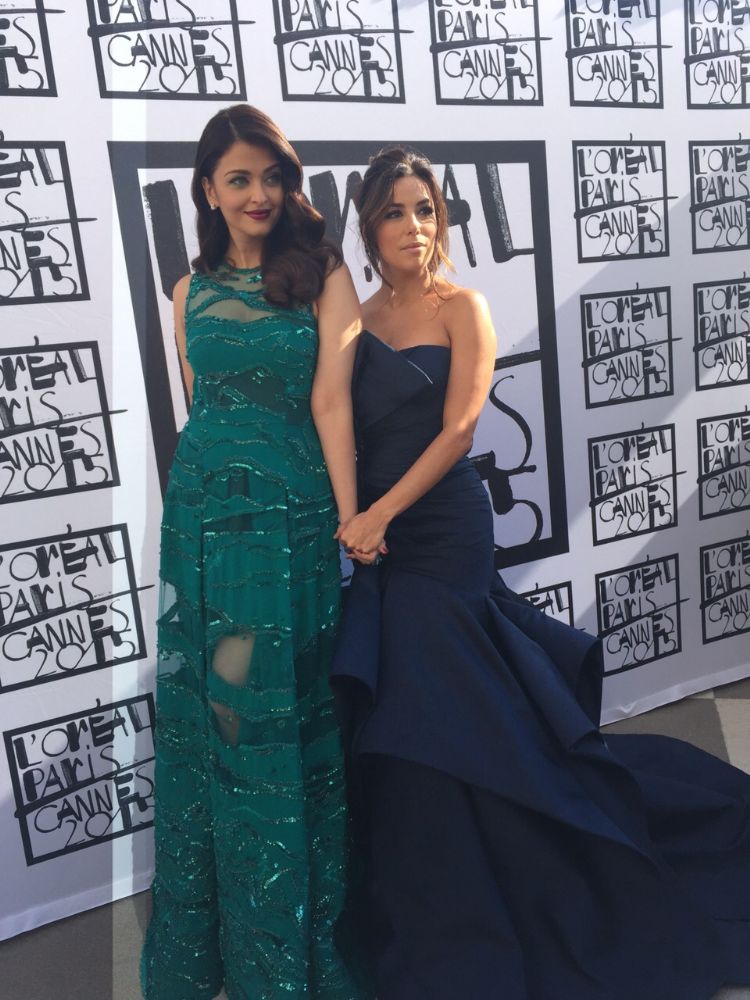 TeluguPeople.com - Cannes Film Festival 2015: Aishwarya Rai poses with  L'Oreal Paris co-ambassador Eva Longoria.